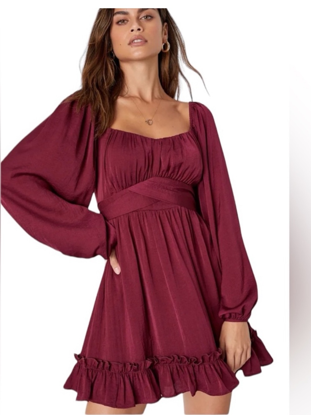 Lulu's Vision of Charm Plum Satin Long Sleeve Ruffle Mini Dress NWT